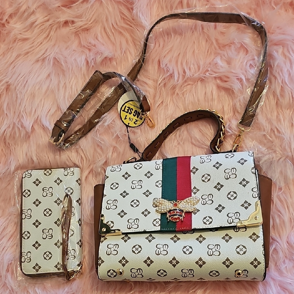 Elegant White and Brown Handbag Set